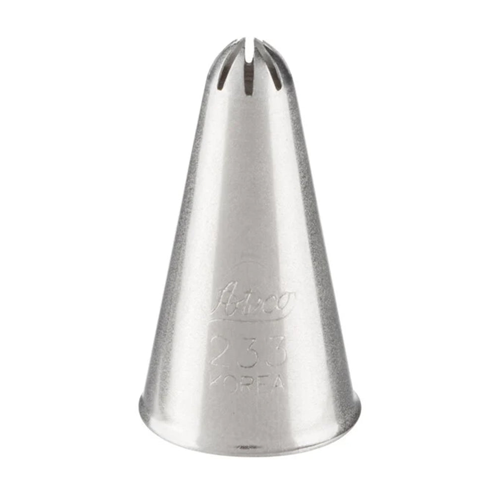 A stainless steel Ateco 233 piping tip with a closed star opening, designed for piping rosettes, stars, shells, and floral patterns on cakes and cupcakes.