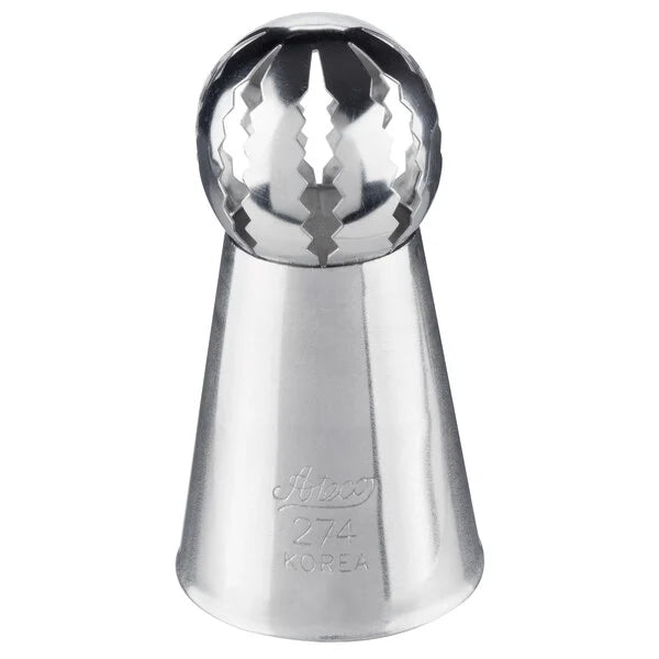 Ateco 274 Russian ball piping tip with a rounded dome top featuring zigzag cutouts, designed for piping large ruffled or floral icing decorations; stainless steel.
