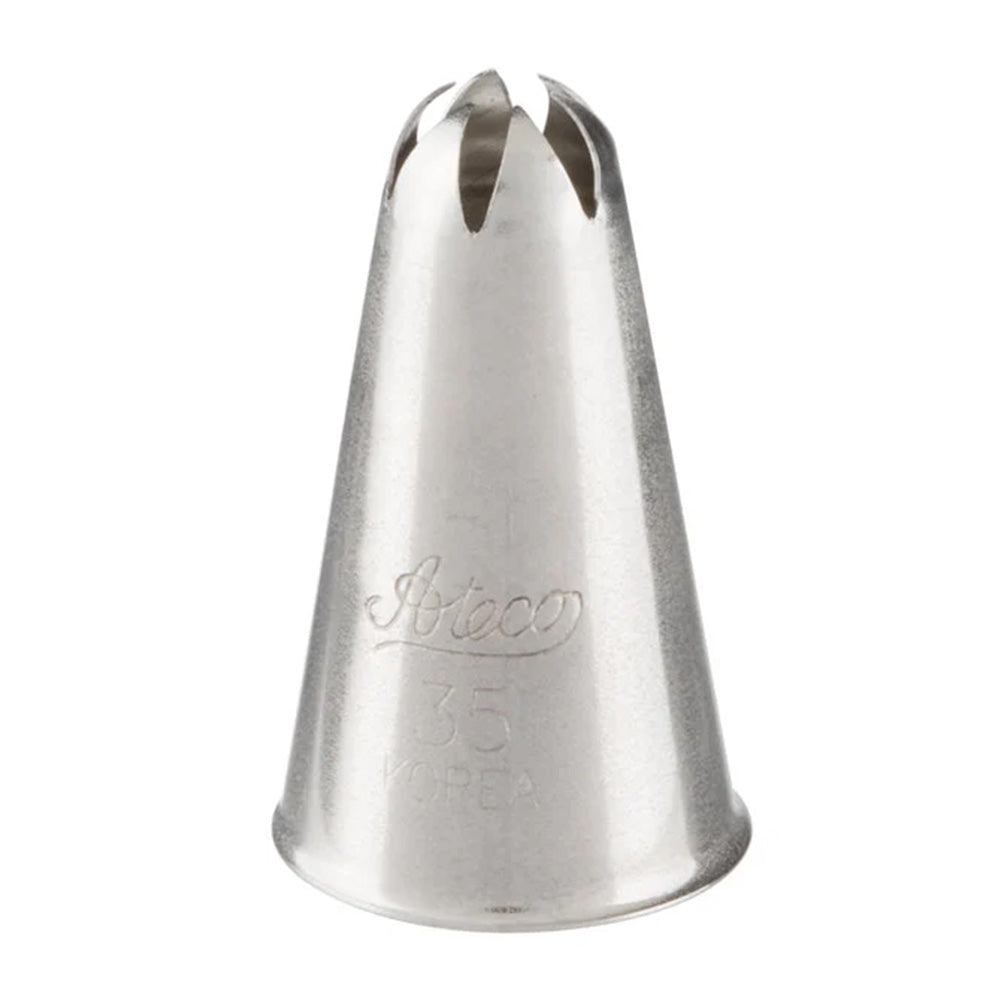 number 35 closed star piping tip made of stainless steel, featuring a tapered cone shape and six curved, tightly spaced cutouts at the tip opening. Designed for piping detailed stars, shells, rosettes, and floral shapes with defined ridges. Marked with “Ateco 35 Korea” on the side.