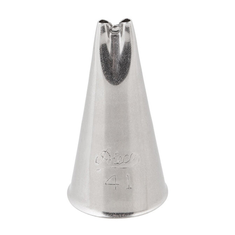 Metal piping tip labeled Ateco 41 with a cone shape and two small parallel openings at the top, designed for decorating cakes with scallops, strings, outlines, and hair-like effects.
