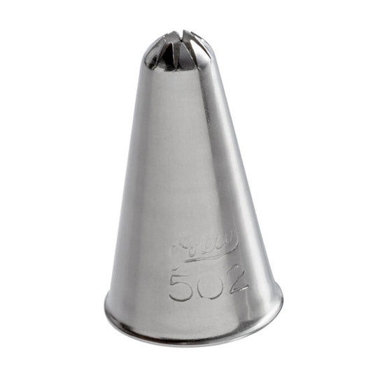 Close-up of the Ateco 502 Closed Star Piping Tip, featuring a small, rounded opening with tightly spaced ridges for piping detailed stars, rosettes, and swirls.