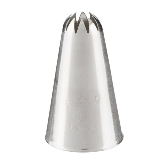 Ateco 506 closed star piping tip with a 0.38-inch opening, engraved with Ateco branding and size markings, shown upright against a white background.