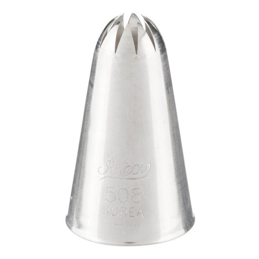 Ateco 508 closed star piping tip with a 0.47-inch opening, engraved with Ateco branding and size markings, shown upright against a white background.