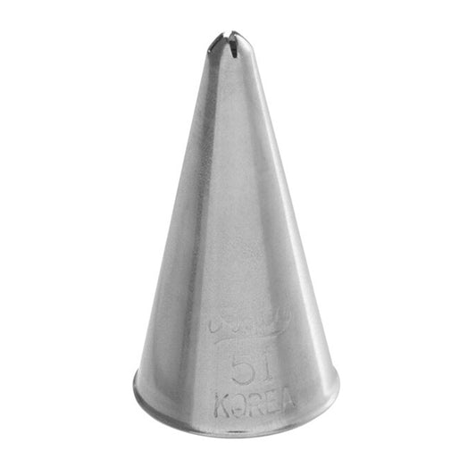 Ateco 51 cross-top piping tip made of stainless steel with a smooth conical shape and four evenly spaced notches at the tip opening, designed for piping small 4-point stars, cross-stitch details, and tight filler patterns. Engraved “Ateco 51 Korea” near the base.