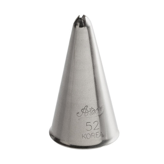 Ateco 52 cross-top piping tip with a smooth stainless steel cone shape and a small round opening featuring four evenly spaced, slightly curved cutouts. Designed for piping 4-point stars, cross-stitch patterns, and decorative filler textures. Marked “Ateco 52 Korea” on the front.
