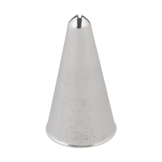 Ateco 53 cross-top piping tip in stainless steel with a smooth, conical body and four-point star opening at the tip, shaped for piping compact stars, cross-stitch effects, and filler textures. The engraving "Ateco 53 Korea" is visible near the base.