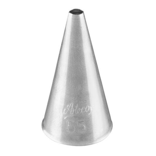 Close-up of an Ateco #55 oval piping tip with a smooth stainless steel finish, featuring a narrow oval opening at the top and engraved branding near the base, designed for fine decorative piping like lacework and lettering.
