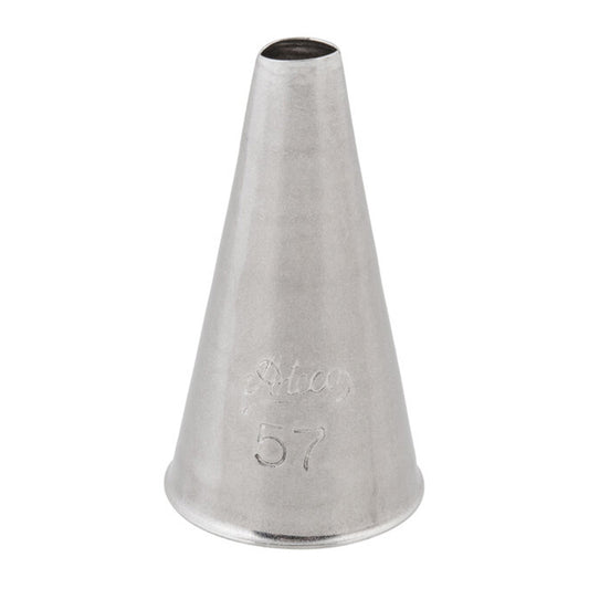 Front-facing view of the Ateco #57 oval piping tip, showing a stainless steel finish with an engraved label and a 0.17-inch oval opening designed for detailed icing work like outlines and lace piping.
