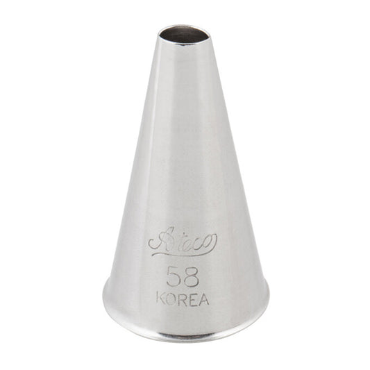 Side view of the Ateco #58 oval piping tip with a stainless steel finish and engraved label, featuring a 0.18-inch oval opening for decorating cakes and cookies with lines, dots, and stringwork.