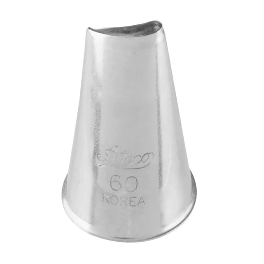 Ateco 60 curved petal piping tip with a narrow, teardrop-shaped opening slightly bent to one side, designed for piping realistic flower petals, ruffles, and drapes. Stainless steel with a conical body engraved "Ateco 60 Korea."