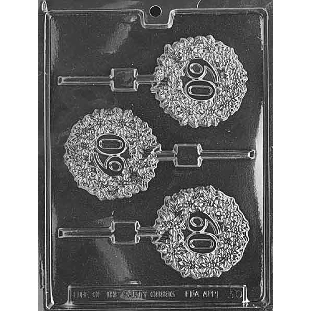 Clear plastic chocolate lollipop mold with three round leafy wreath cavities, each featuring a raised number 60 and a channel for a lollipop stick.
