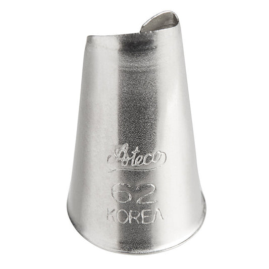 Ateco 62 petal piping tip, cone-shaped metal nozzle with an angled narrow opening, designed for piping realistic petals, ruffles, swags, and bows.