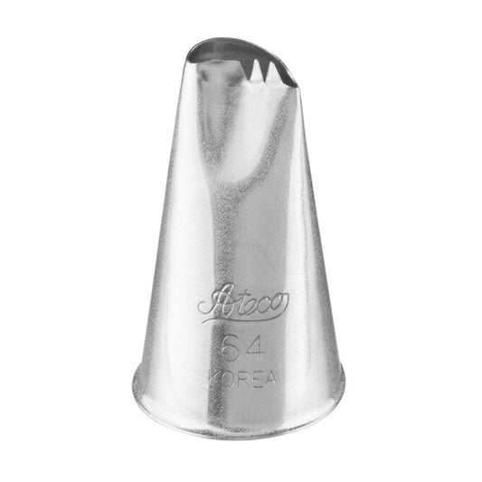 Ateco 64 curved petal piping tip with a slightly curved 0.34-inch opening, engraved with Ateco branding and size markings, shown upright.