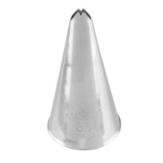Ateco 65 leaf piping tip, cone-shaped metal nozzle with a small V-shaped opening, designed for piping realistic leaves and shell-motion borders.
