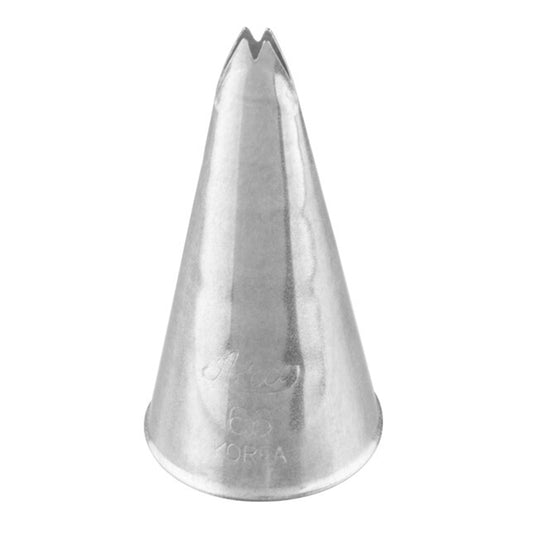 Ateco 66 leaf piping tip, cone-shaped metal nozzle with a small V-shaped opening designed for piping plain, ruffled, or stand-up pointed leaves.