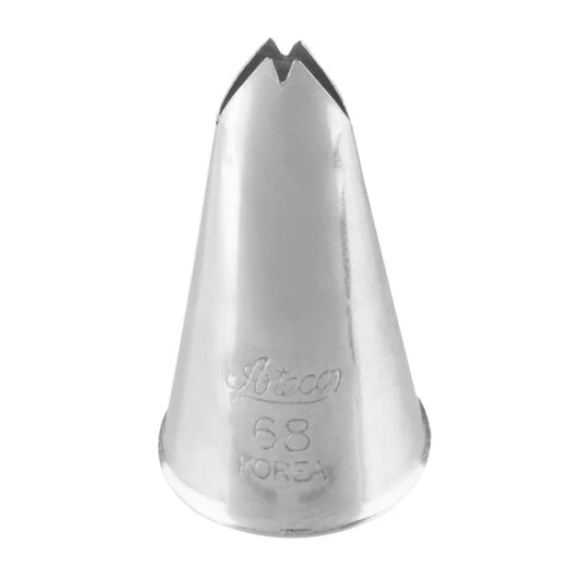 Stainless steel Ateco 68 leaf piping tip with a narrow v-shaped opening designed for creating small, pointed leaves and shell-style borders. The tapered cone shape is engraved with "Ateco 68 Korea" near the base.