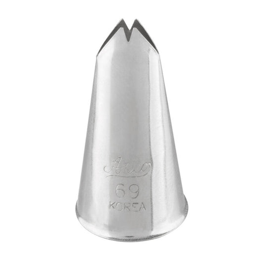 Ateco 69 leaf piping tip, cone-shaped metal nozzle with a wide V-shaped opening, designed for piping realistic leaves and shell-motion borders.