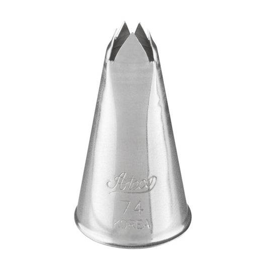 Ateco 74 leaf piping tip, cone-shaped metal nozzle with a star-cut V-shaped opening, designed for piping pointed ridged leaves, borders, and floral accents.