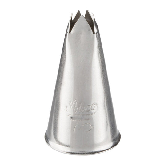 Ateco 75 star leaf piping tip, cone-shaped metal nozzle with a star-shaped V opening, designed for piping detailed star leaf patterns on cakes and cupcakes.