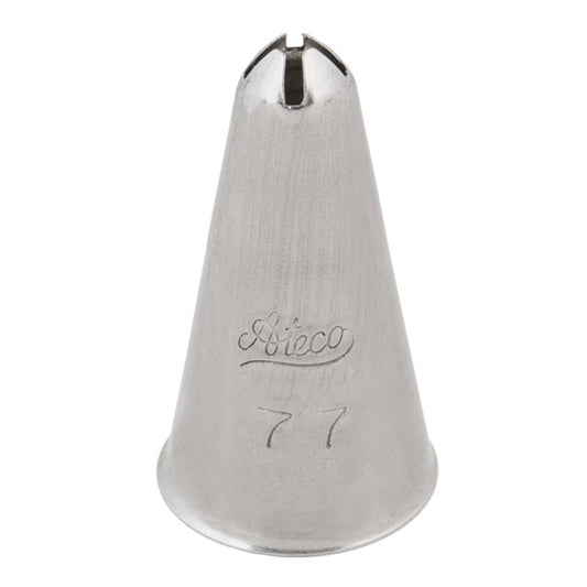 Ateco 77 cross-top piping tip, cone-shaped metal nozzle with a cross-cut opening, designed for piping shells, ropes, hearts, Christmas trees, and decorative accents.