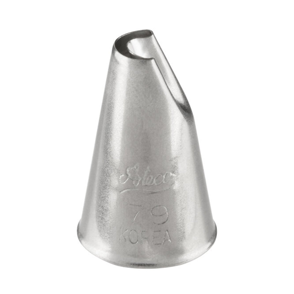Close-up view of the Ateco #79 Lily-of-the-Valley piping tip with a curved, slanted opening and polished stainless steel finish, designed for floral and zigzag piping work.