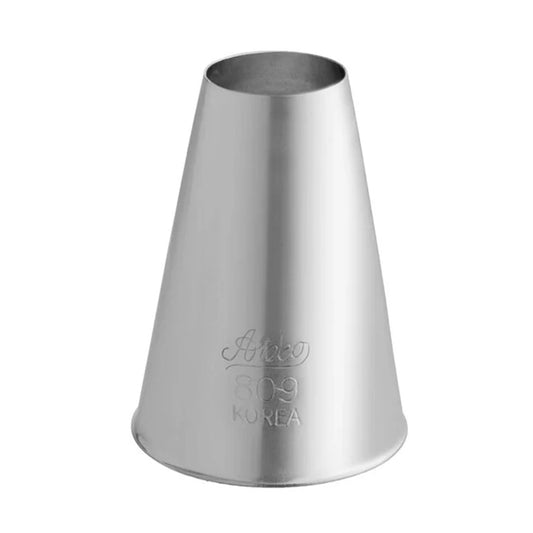 Stainless steel Ateco 809 round piping tip with a wide circular opening, tapered shape, and engraved branding on the side, shown on a white background.