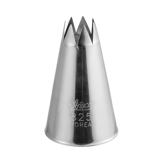 Ateco 825 open star piping tip, cone-shaped metal nozzle with a wide star-shaped opening, used for piping rosettes, shells, stars, flowers, and textured cake borders.