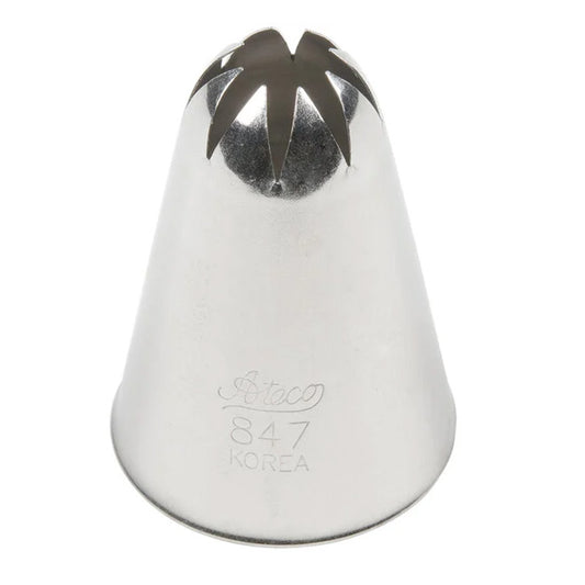 Ateco 847 closed star piping tip, large cone-shaped metal nozzle with a rounded star opening, designed for piping shells, rosettes, stars, flowers, and borders.