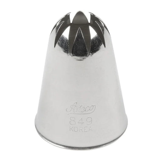 Ateco 849 closed star piping tip with a wide 0.79-inch opening, engraved with Ateco branding, shown upright against a white background.