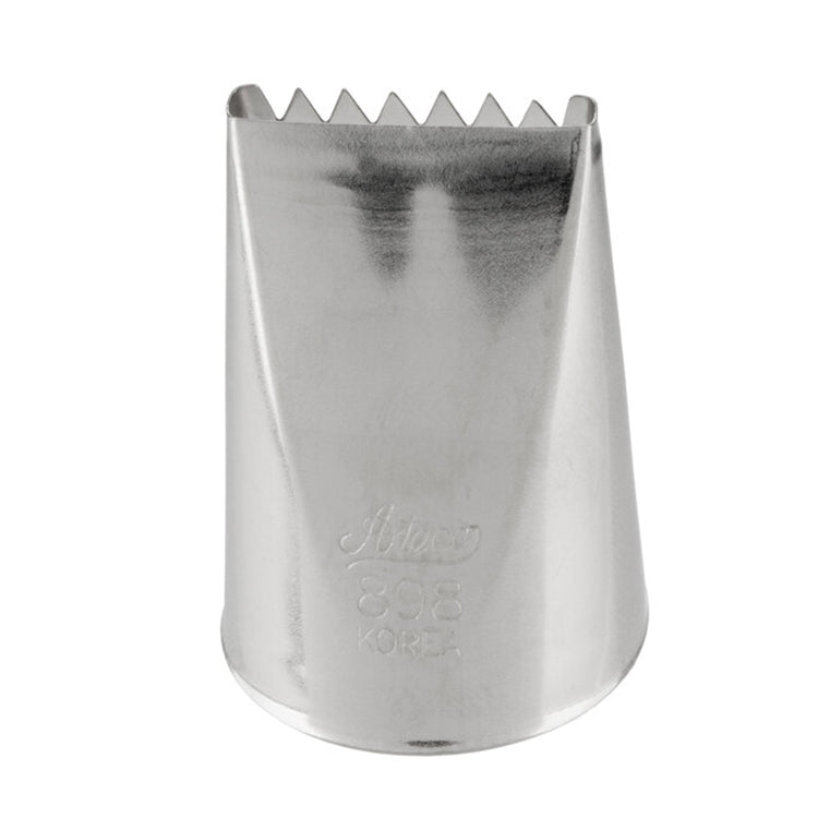 Ateco 898 basketweave piping tip with a wide 1.1-inch opening featuring one smooth and one serrated side, engraved with Ateco branding.