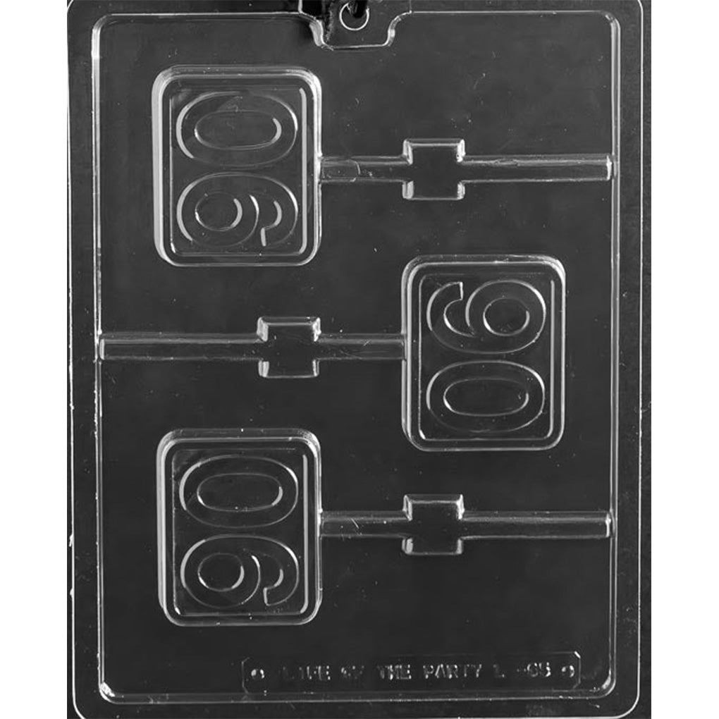 Clear #90 Rectangle Chocolate Lollipop Mold photographed against a black background with 3 rectangular cavities featuring a raised number 90 and built-in stick channels.