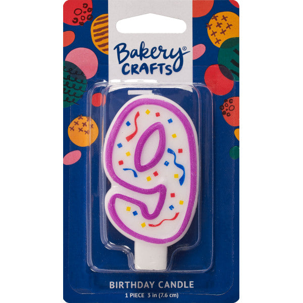 Packaged number 9 birthday candle with a purple outline and colorful confetti center on a blue Bakery Crafts backing card with multicolor dots.