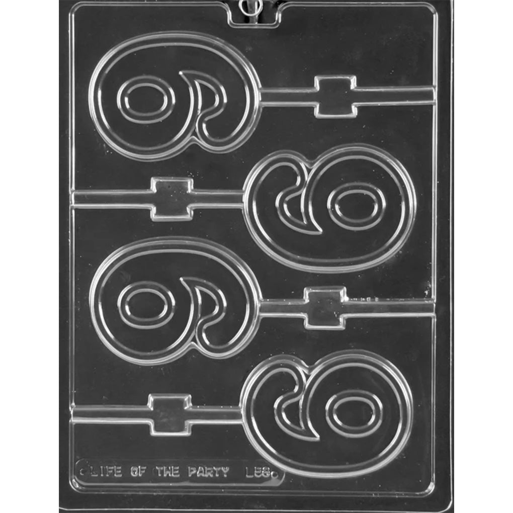 Clear plastic four-cavity Number 9 Chocolate Lollipop Mold for 3 1/4-inch numeral pops with rounded outlines and stick channels