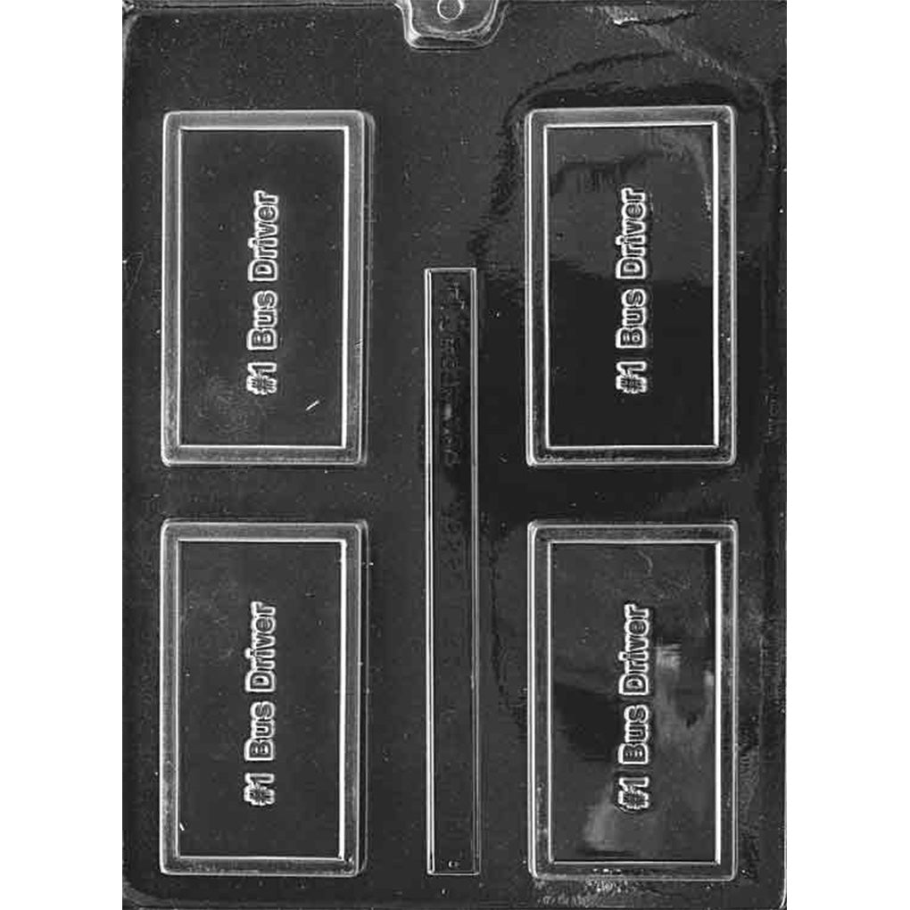 Clear plastic chocolate bar mold with four rectangular cavities, each embossed with “#1 Bus Driver” text inside a framed border.