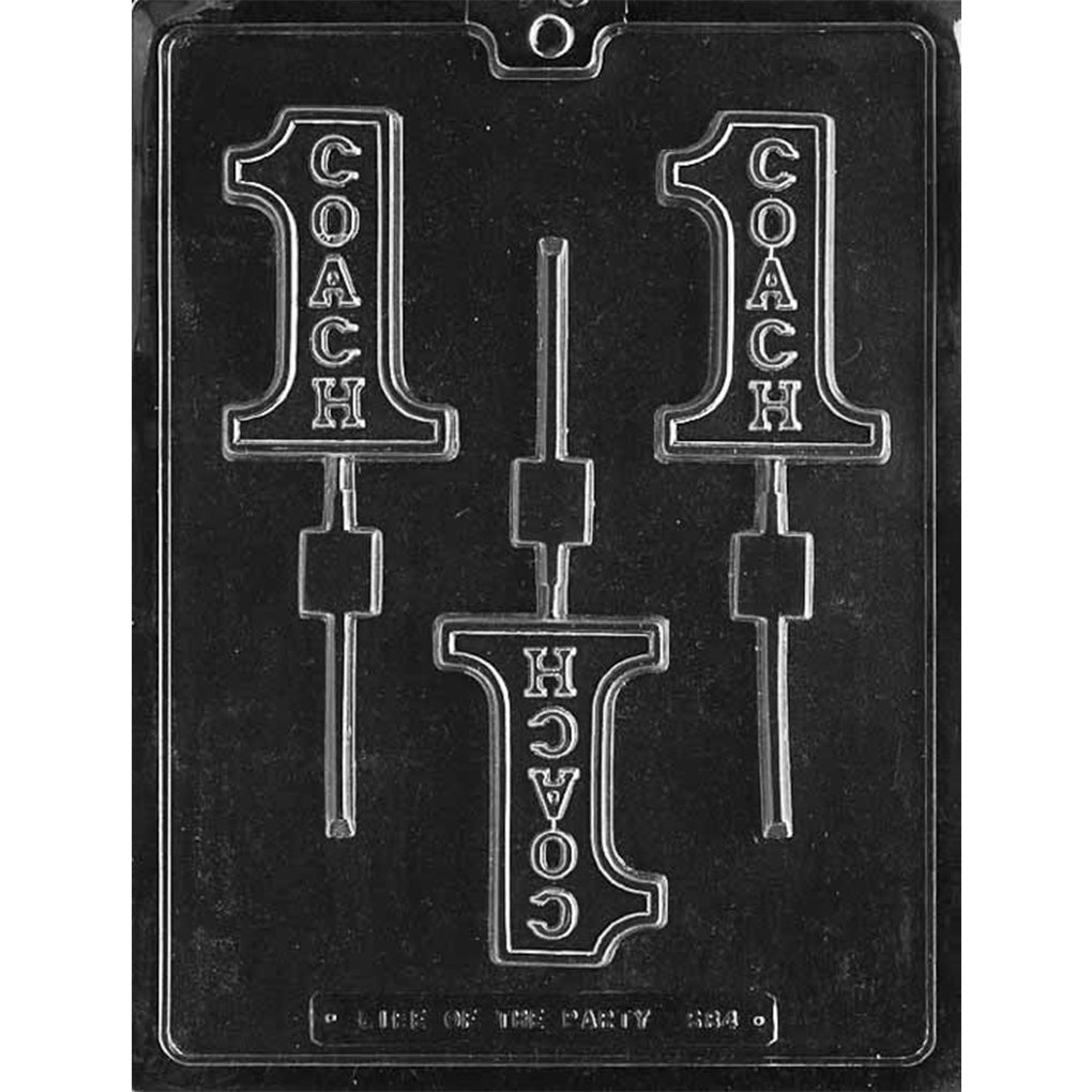 Clear chocolate lollipop mold with three number 1 shaped cavities, each featuring the word COACH running vertically down the center.