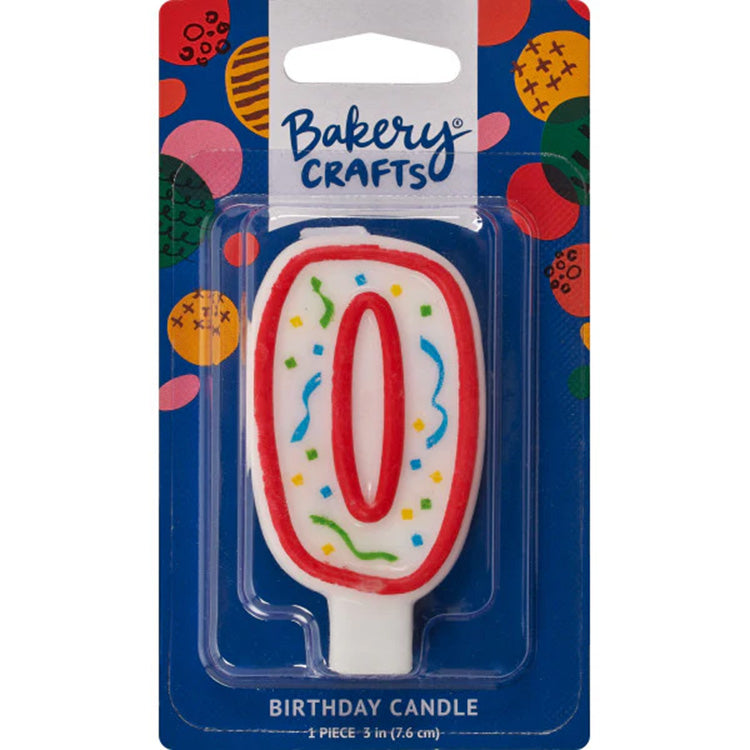 Packaged number 0 birthday candle with a white center, red outline, and multicolor confetti sprinkles on a blue Bakery Crafts card.