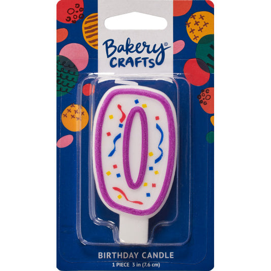 Packaged number 0 birthday candle with a purple outline and colorful confetti center on a blue Bakery Crafts backing card with multicolor dots.