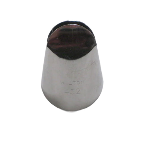 Metal piping tip #402 with curved, narrow opening for lily-of-the-valley style petals.