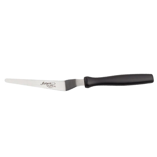 Offset tapered spatula with 4.75-inch blade and black plastic handle, ideal for cake decorating and precision smoothing