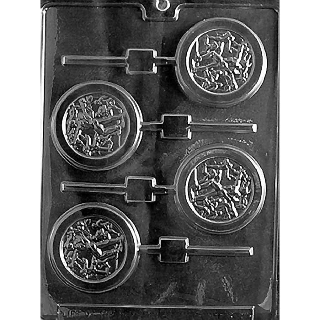 Clear plastic chocolate lollipop mold with four 2 5/8-inch round cavities featuring raised scenes of athletes in various sporting events and built-in stick channels
