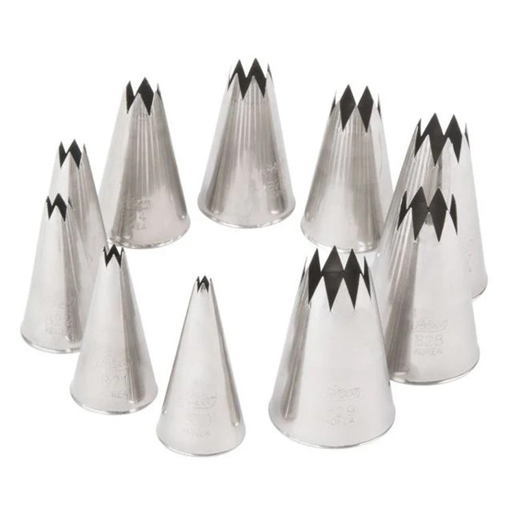 Set of 10 open star piping tips in varying sizes, arranged in a semi-circle; each stainless steel tip has sharp, evenly spaced points for detailed icing designs.