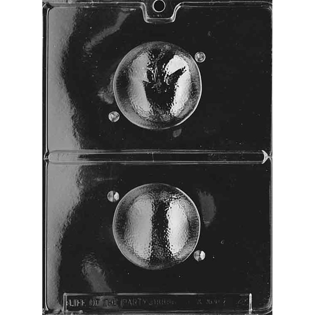 Clear two-part Orange Fruit 3D Chocolate Mold photographed against a black background with matching textured halves for one complete orange