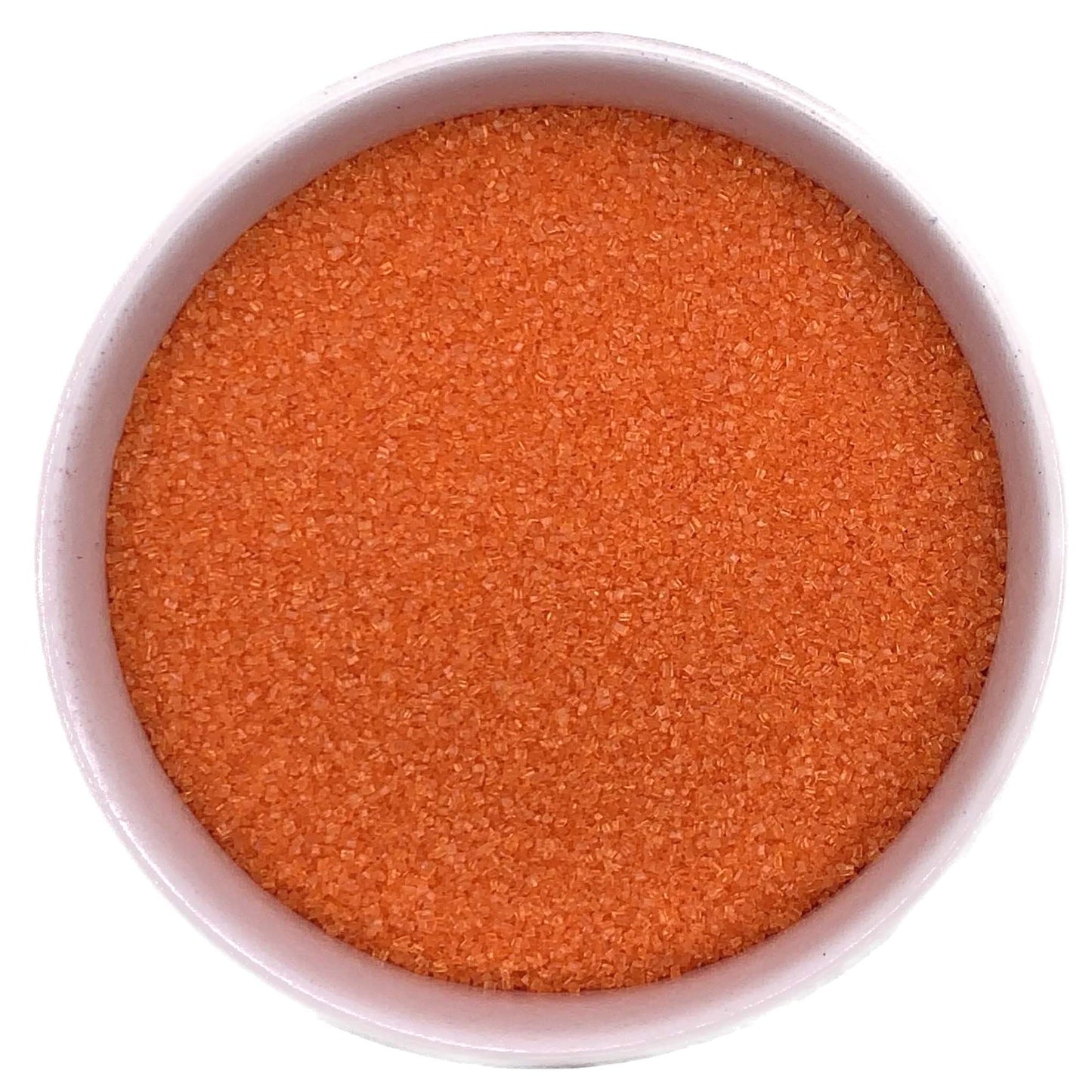 Top-down view of a white bowl filled with orange fine sanding sugar, showing tiny sparkling crystals in a bright tangerine-orange shade.