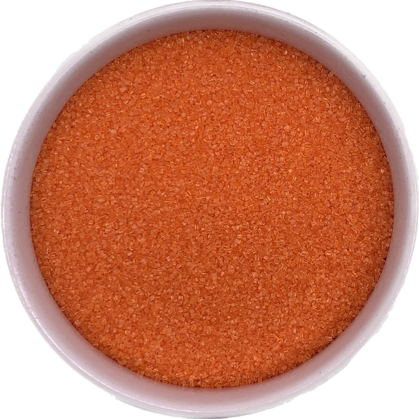 Orange fine sanding sugar in a jar, bright citrus-toned crystals perfect for fall and Halloween treats.