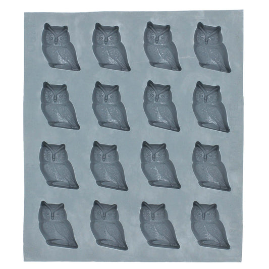 Full sheet of owl rubber mint mold with multiple cavities featuring perched owl shapes for mints, chocolates, or fondant