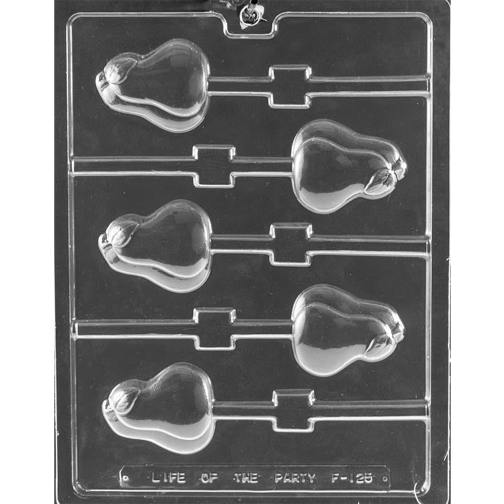 Clear plastic five-cavity Pair of Pears Chocolate Lollipop Mold with two pears side by side in each 2 1/8-inch pop cavity