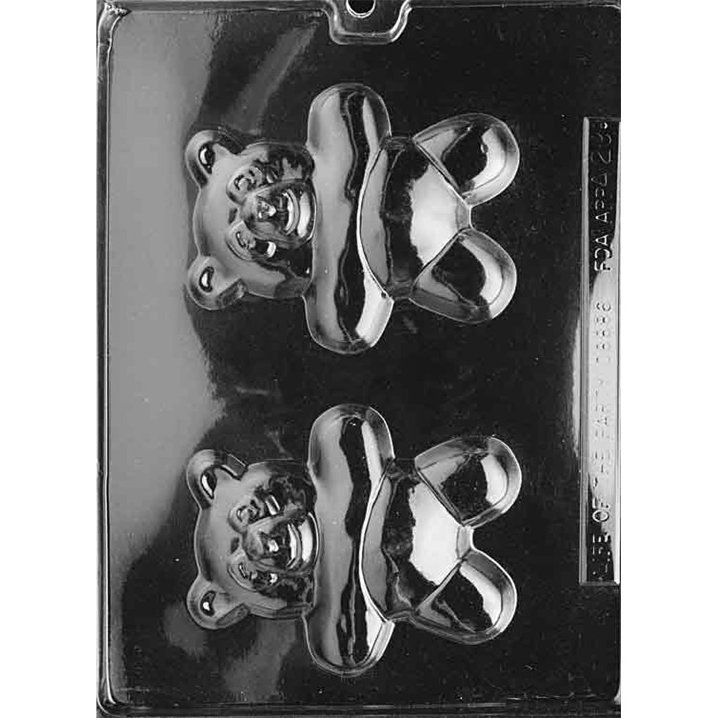 Clear plastic Panda Bear Teddy Chocolate Mold with two seated bear cavities featuring smiling faces, rounded ears, outstretched arms, and large feet