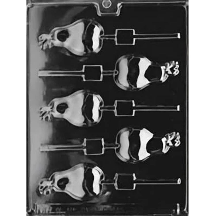 Clear chocolate lollipop mold with five pear-shaped cavities featuring rounded fruit shapes, narrow tops, and small stem-and-leaf accents.