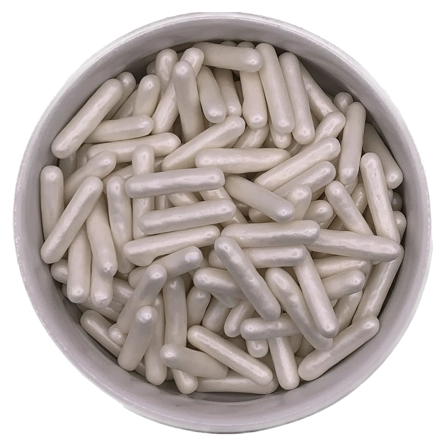 Overhead view of a bowl filled with pearlized white edible rod sprinkles, each approximately 7/8 inch long, with a smooth, glossy finish.