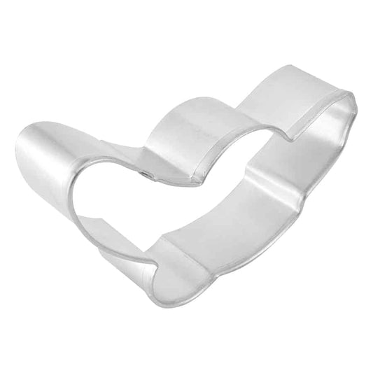 Angled side view of a sturdy banana-shaped cookie cutter with reinforced edges.